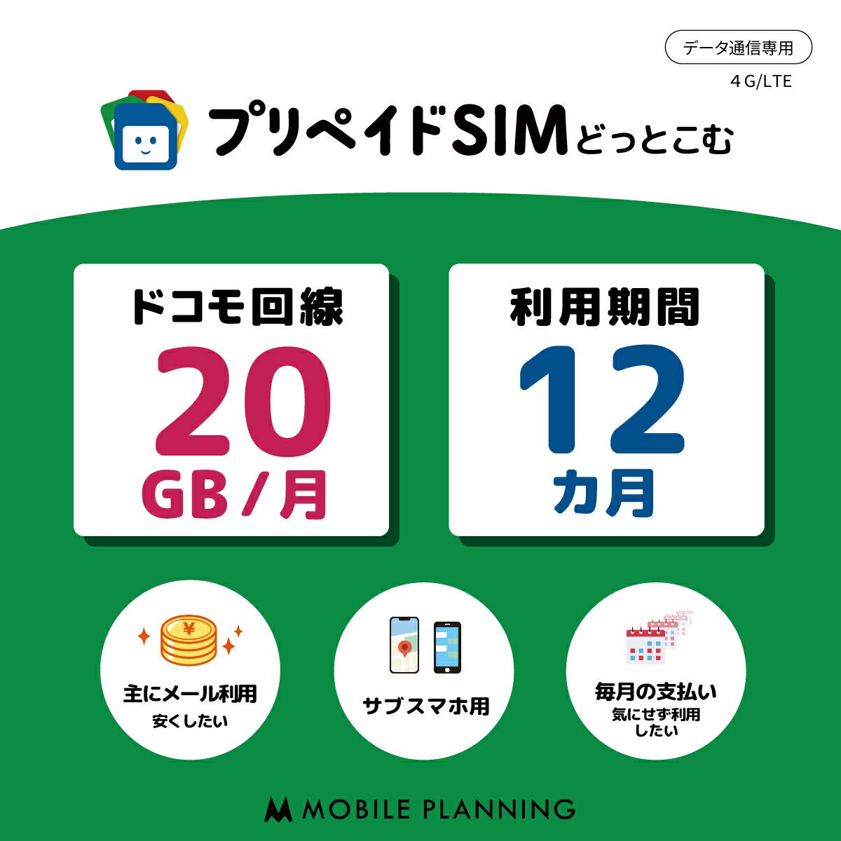 プリペイドSIM月間20GB１２か月プラン